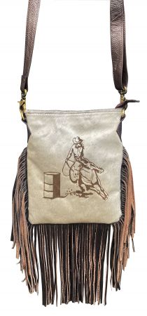 Klassy Cowgirl Leather Crossbody Bag with hair on cowhide with barrel racer brand