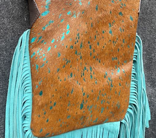 Klassy Cowgirl Leather Crossbody Bag with hair on cowhide teal acid wash and fringe #2