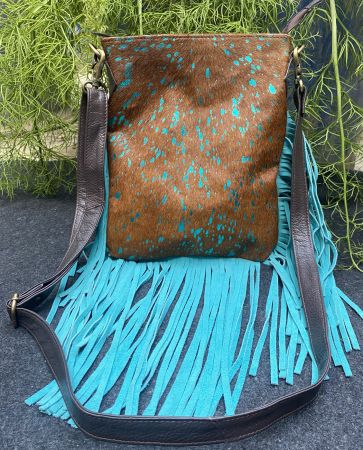 Klassy Cowgirl Leather Crossbody Bag with hair on cowhide teal acid wash and fringe #3