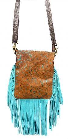 Klassy Cowgirl Leather Crossbody Bag with hair on cowhide teal acid wash and fringe