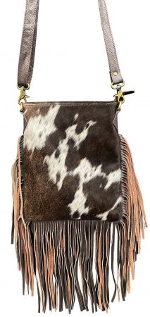 Klassy Cowgirl Leather Crossbody Bag with hair on cowhide and suede fringe