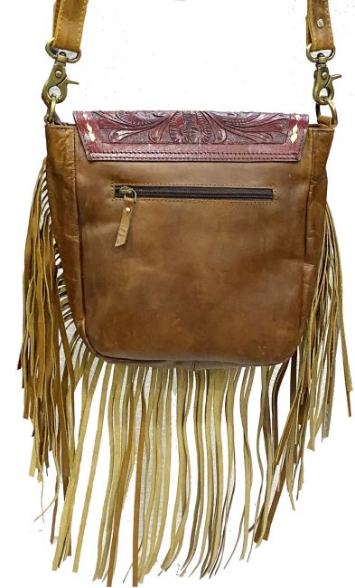 Klassy Cowgirl Medium Brown Floral Tooled Crossbody Bag with brown suede fringe #2