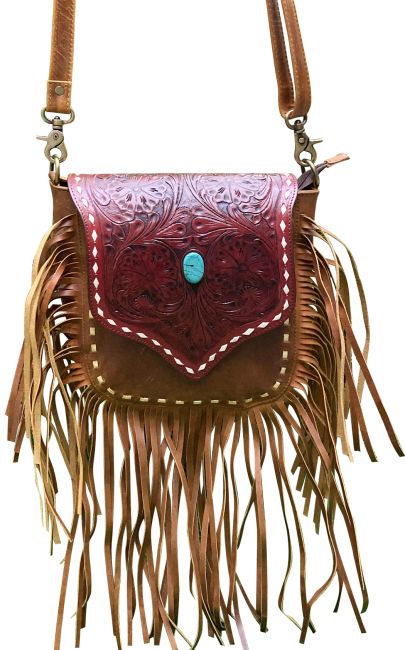 Klassy Cowgirl Medium Brown Floral Tooled Crossbody Bag with brown suede fringe
