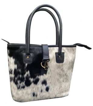 Klassy Cowgirl Black &amp; White Hair on Cowhide Shoulder Bag with zipper closure top