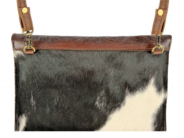 Klassy Cowgirl Dark Leather Crossbody Bag with Black and White hair on cowhide #2