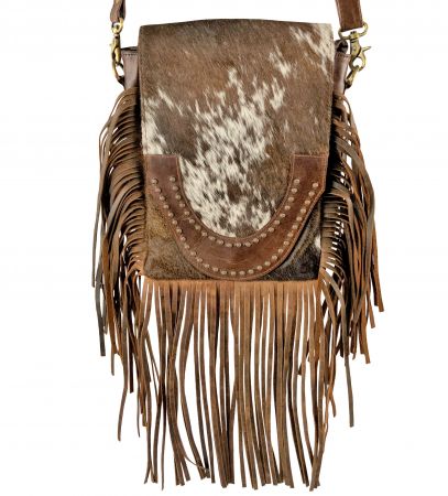 Klassy Cowgirl Brown and White Cowhide Crossbody Bag with flap and brown suede fringe