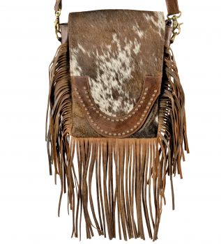 Klassy Cowgirl Brown and White Cowhide Crossbody Bag with flap and brown suede fringe