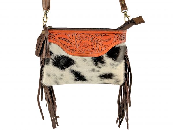Klassy Cowgirl Black &amp; White Leather Crossbody Bag with hair on cowhide and brown suede fringe