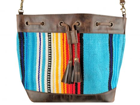 Klassy Cowgirl Wool Saddle Blanket Bucket Bag - teal and red