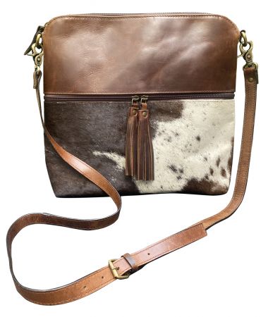 Klassy Cowgirl Leather Crossbody Bag with hair on cowhide accent