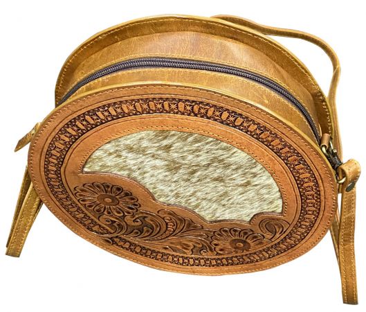 Klassy Cowgirl  Medium Leather round Crossbody Bag with cowhide inlay #2
