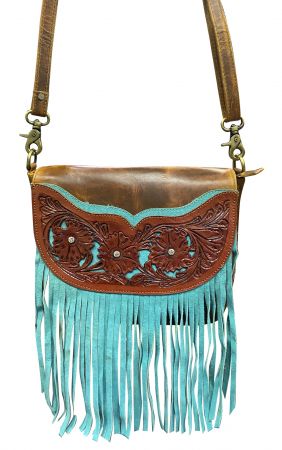 Klassy Cowgirl Leather Crossbody Bag with Teal Fringe