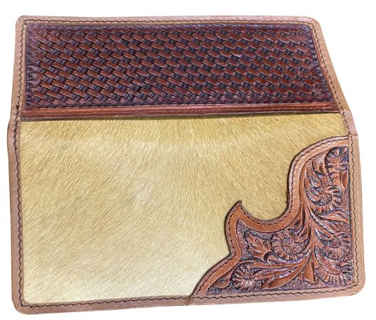 Light Brown Men's Leather Wallet with hair on cowhide and basket tooled side