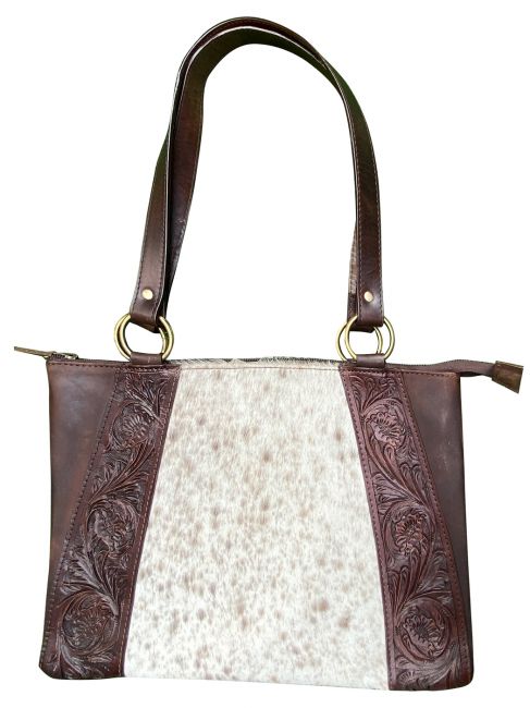 Klassy Cowgirl Hair on Cowhide leather Tote Bag with Floral Tooling
