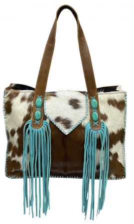 Klassy Cowgirl Hair on Cowhide Tote Bag with teal Fringe