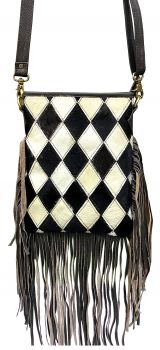 Klassy Cowgirl Leather Crossbody Bag with diamond pattern hair on cowhide and fringe