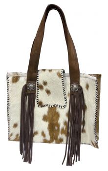 Klassy Cowgirl Brown &amp; White Hair on Cowhide Shoulder Bag with suede fringe accent