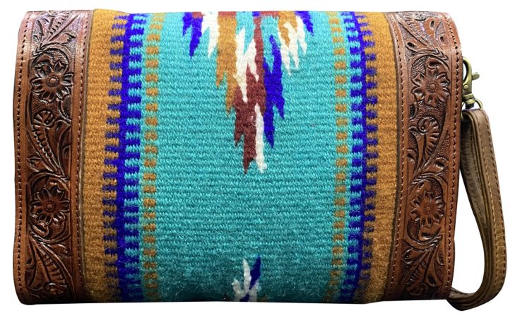 Klassy Cowgirl Tooled Leather and Wool Saddle Blanket Purse - teal #2