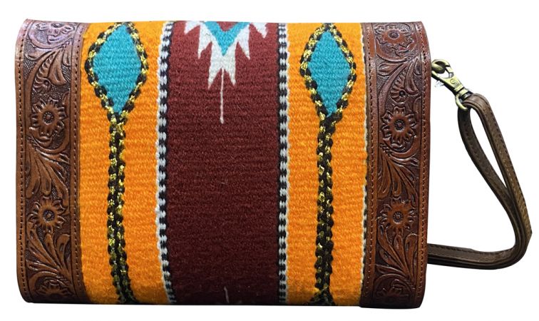 Klassy Cowgirl Tooled Leather and Wool Saddle Blanket Purse - yellow and red #2