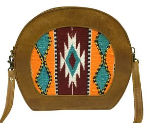 Klassy Cowgirl  Medium Leather round Crossbody Bag with navaho rug inlay