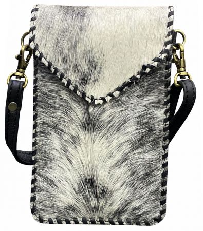 Klassy Cowgirl Leather Hair on Cowhide crossbody bag with black whipstitching - black and white