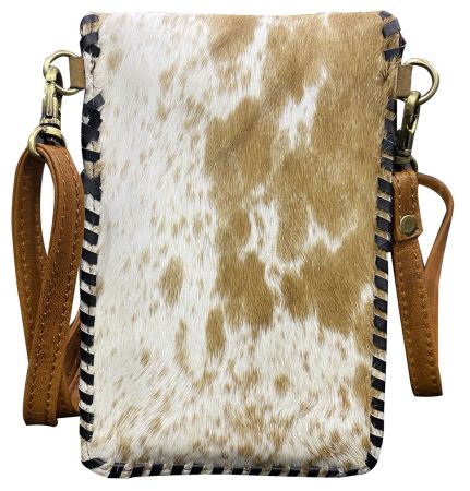 Klassy Cowgirl Leather Hair on Cowhide crossbody bag with black whipstitching - brown and white #2