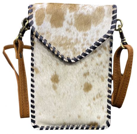 Klassy Cowgirl Leather Hair on Cowhide crossbody bag with black whipstitching - brown and white
