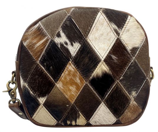Klassy Cowgirl Leather round Crossbody Bag with diamond pattern hair on cowhide