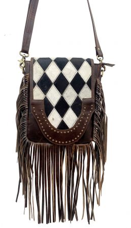 Klassy Cowgirl Leather Conceal Carry Crossbody Bag with diamond pattern hair on cowhide and fringe