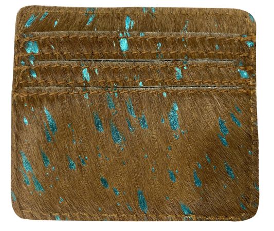 Brown and Teal Acid Wash Hair on Cowhide Slim Card Wallet