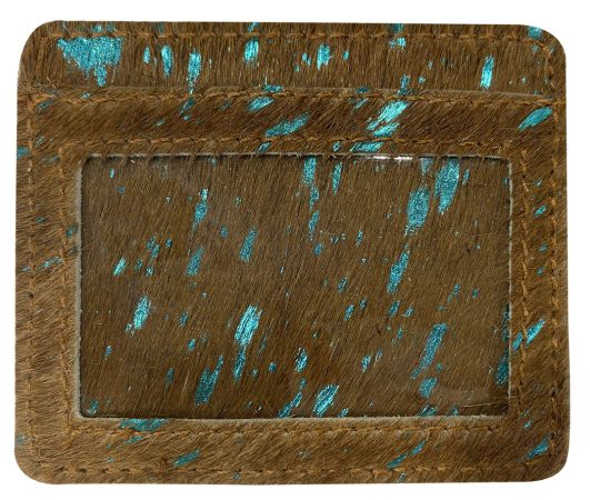 Brown and Teal Acid Wash Hair on Cowhide Slim Card Wallet #2