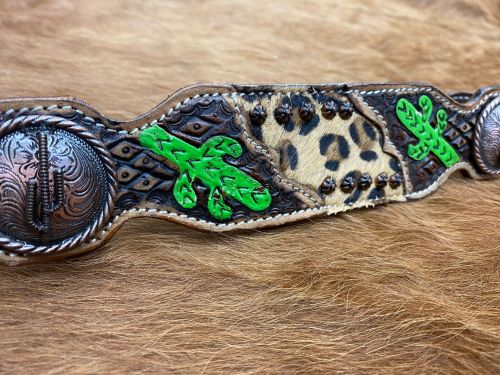 Showman Cheetah Inlay wither strap with hand painted cactus accents #2