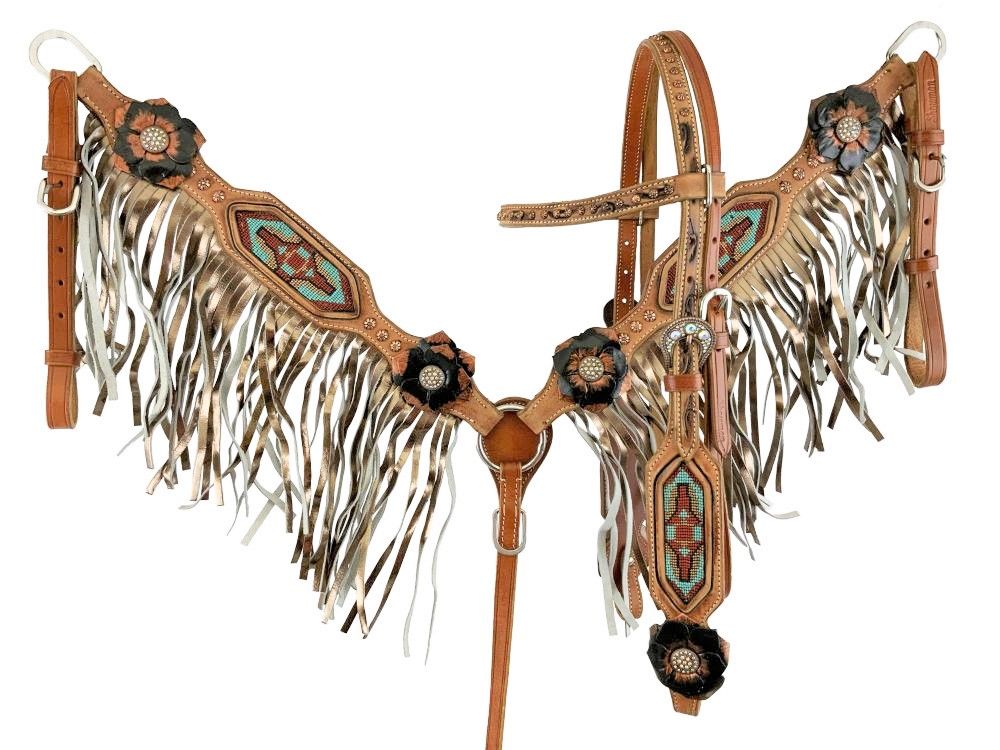 Showman Painted 3D Flower &amp; Aztec Beaded Browband Headstall and Breast collar Set with Fringe