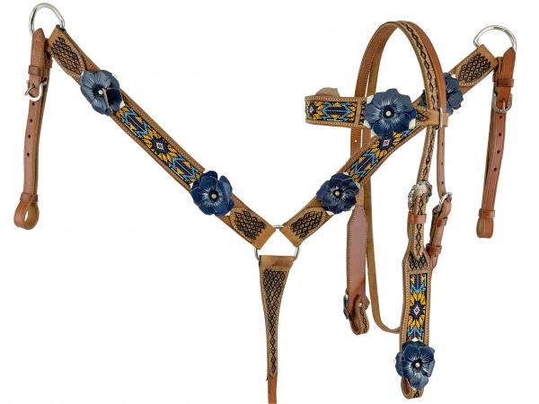 Showman Aztec beaded Headstall and Breast collar Set with 3D blue leather painted flower accents