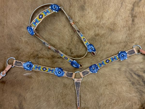 Showman Aztec beaded Headstall and Breast collar Set with 3D blue leather painted flower accents #2