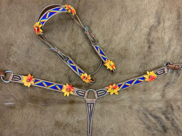 Showman Rainbow beaded Headstall and Breast collar Set with 3D leather painted flower accents #2