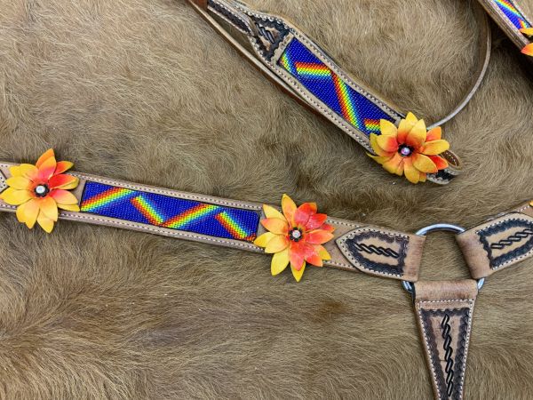 Showman Rainbow beaded Headstall and Breast collar Set with 3D leather painted flower accents #3