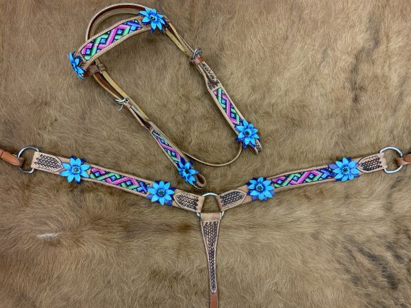 Showman Aztec beaded Headstall and Breast collar Set with 3D leather painted flower accents #2