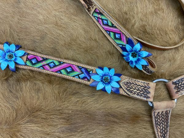 Showman Aztec beaded Headstall and Breast collar Set with 3D leather painted flower accents #3