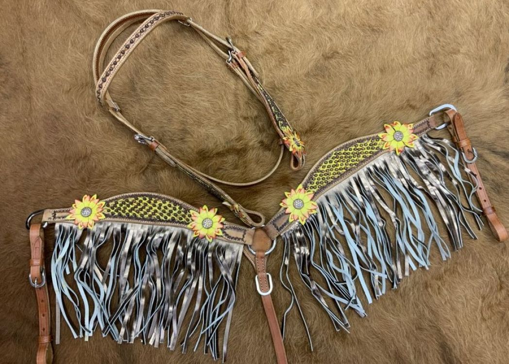 Showman Painted 3D yellow Floral Accent Browband Headstall and Breast collar Set with Fringe #2