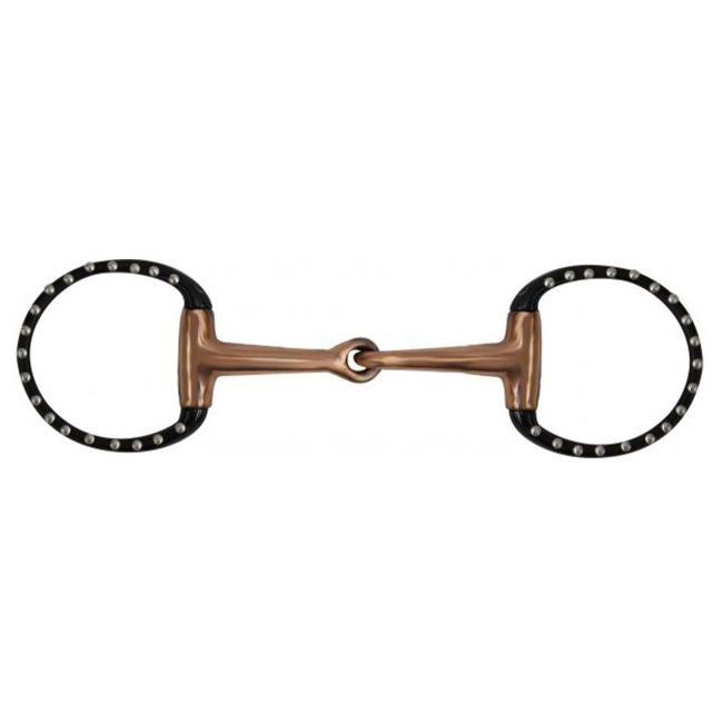 Showman eggbutt style bit with black steel 3.25" ring cheeks with silver dots. Stainless steel 5" broken mouth piece