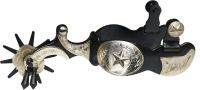 Showman black steel spur with 1.25" band and 3.5" shank. Accented with Texas star engraved in silver