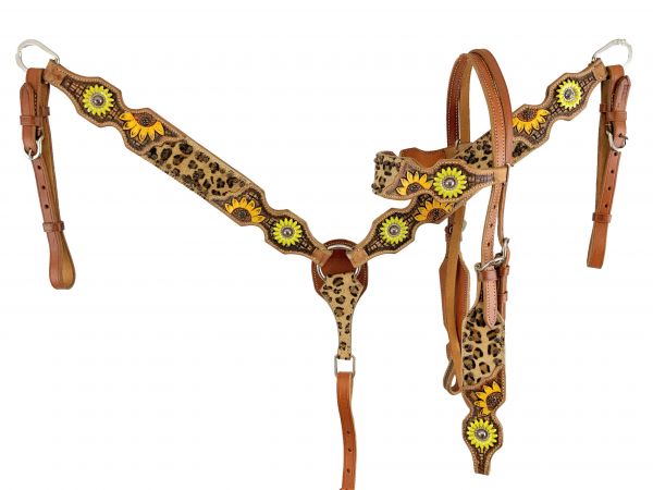 Showman Cheetah Browband headstall and breast collar set with sunflower conchos