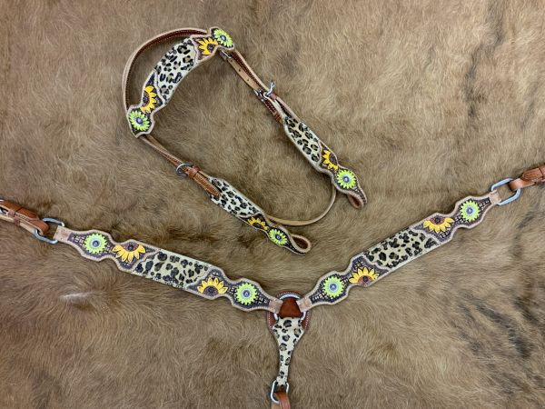 Showman Cheetah Browband headstall and breast collar set with sunflower conchos #2