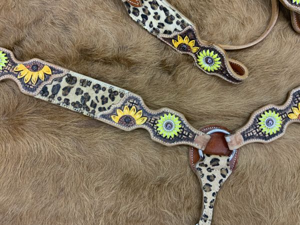 Showman Cheetah Browband headstall and breast collar set with sunflower conchos #3