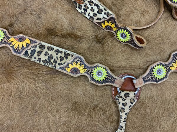 Showman Cheetah Browband headstall and breast collar set with sunflower conchos #3