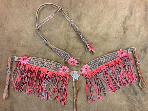 Showman Painted 3D Floral Accent Browband Headstall and Breast collar Set with Fringe #2