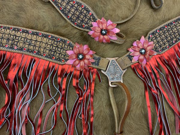 Showman Painted 3D Floral Accent Browband Headstall and Breast collar Set with Fringe #3