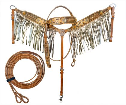 Showman Gold Fringe tooled leather Headstall and Breast collar set with floral tool painted accents, &amp; beaded conchos