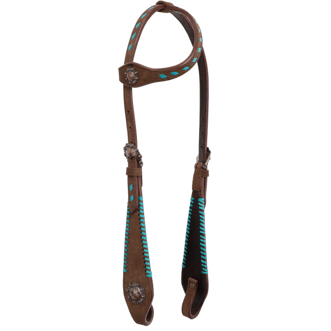 Showman One Ear Chocolate Roughout One Ear Headstall and Breastcollar Set with Teal Lacing #2